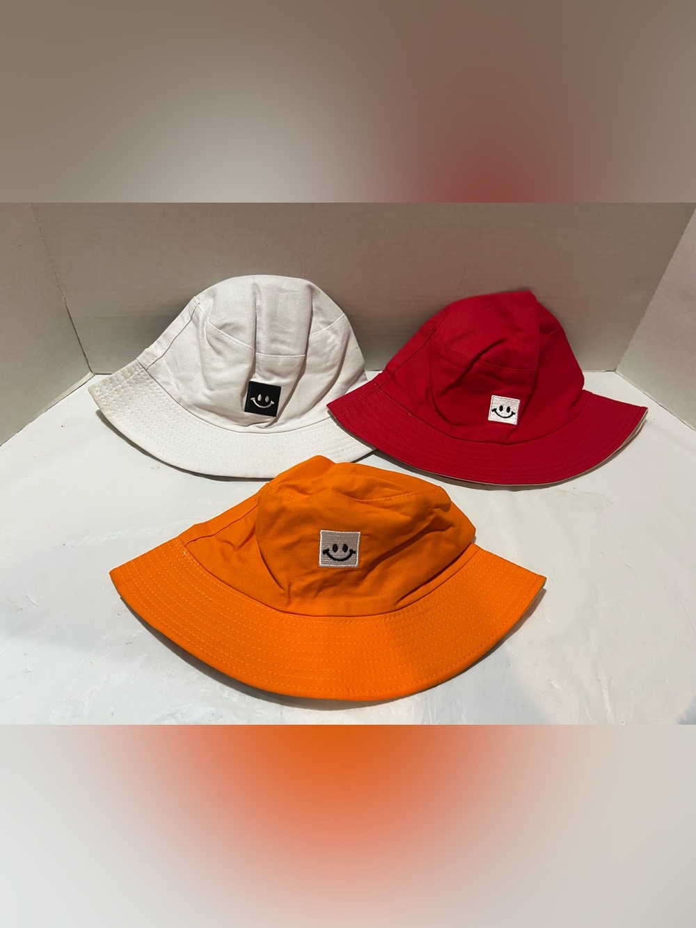 Set of 3 Smile Bucket Hat Cap - One Size - White, Red, Orange (new without tag)